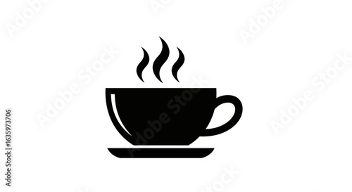 Minimalist line art icon of a steaming hot coffee cup on a saucer.