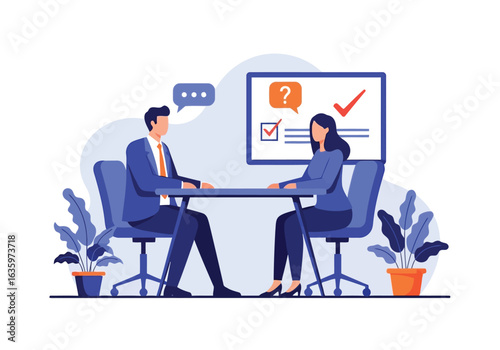 Vector art of business meeting or interview scene with two professionals sitting at a table, discussing a checklist and a graph on a monitor, representing professional collaboration and evaluation
