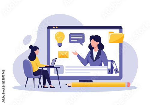 Vector art of young woman studying online with a teacher on a computer screen, representing remote education and elearning, isolated on white background