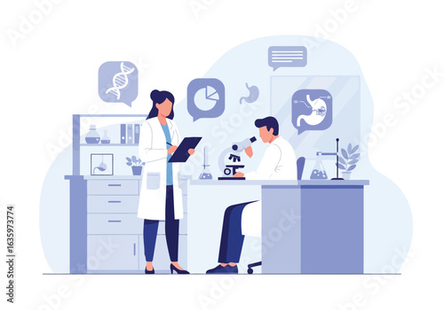 Vector art of scientists conducting research in a laboratory, using microscopes and computers to analyze data, representing scientific discovery and medical advancement, isolated on white background