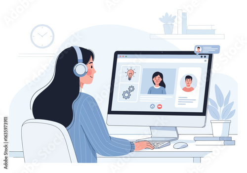 Vector art of woman wearing headphones engaging in an online learning session or video conference on her computer, representing digital education and remote communication