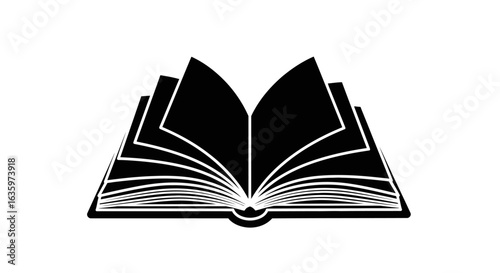 A stylized black silhouette icon of an open hardcover book with its pages fanned out and turning.