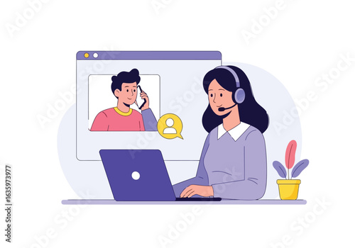Vector art of customer service agent with headset and laptop, participating in a video call with a client, symbolizing online support and remote communication in a business context