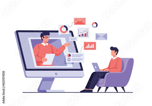 Vector art of man attending online business presentation on laptop, receiving data and communication, isolated on white background