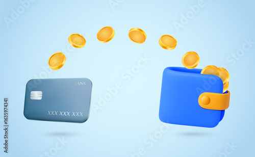 3d credit card with flying coins transfer to another wallet, isolated on white background. Payment process, payment or cash withdraw concept in 3d vector illustration. Vector illustration