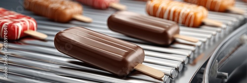 Chocolate and caramel ice cream bars on production line in dessert factory