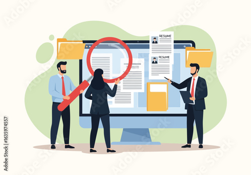 Vector art of team of professionals analyzing data and documents on a computer screen using a magnifying glass, symbolizing research, business analysis, and information review in an office environment