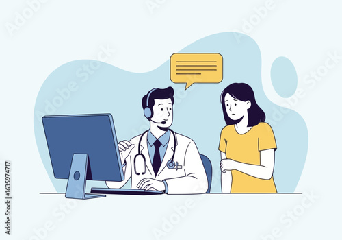 Vector art of a doctor wearing headphones and a stethoscope consults with a patient via a computer, discussing health and treatment, representing telemedicine and online medical advice