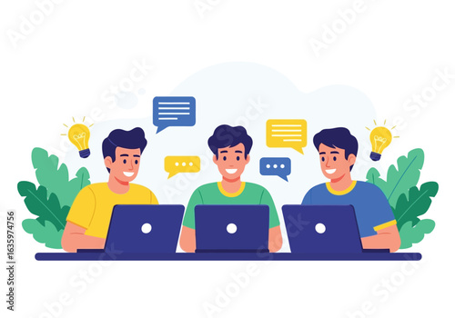 Vector art of team collaboration and brainstorming session with laptops, fostering creativity and idea generation among young professionals in a modern office environment