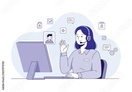 Vector art of customer service representative with headset and microphone, assisting clients via computer and video call, offering support and communication