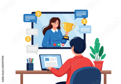 Vector art of online business meeting with people collaborating remotely, celebrating success with a trophy during a video conference call, isolated on white background