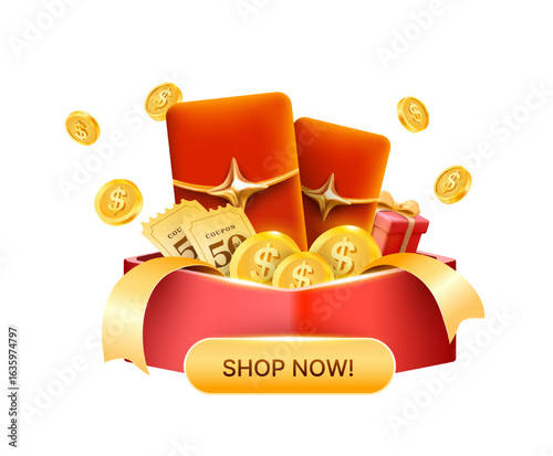 3d red gift box with vouchers or coupon, lucky money, gift boxes inside, golden coins flying around. Popup gift box concept in 3d vector illustration. Vector illustration