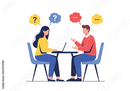 Vector art of two people in a job interview, with thought bubbles indicating questions and discussion, using a laptop at a table