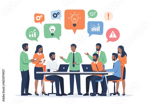 Vector art of diverse team of professionals collaborating around a table, discussing ideas and strategies with speech bubbles indicating communication and innovation, isolated on white background