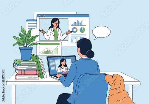 Vector art of woman working from home on a laptop, participating in an online video conference with a teacher, accompanied by her dog and surrounded by books and a plant