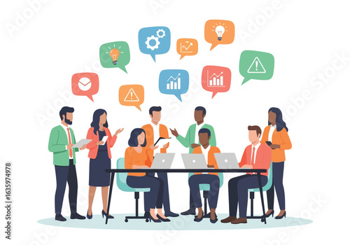 Vector art of diverse business team collaborating in a meeting with speech bubbles containing icons representing ideas, data, and alerts, isolated on white background
