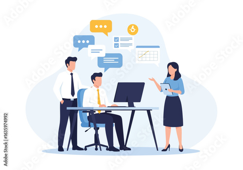 Vector art of business professionals working together around a computer, with speech bubbles showing data, tasks, and calendar icons, isolated on white background