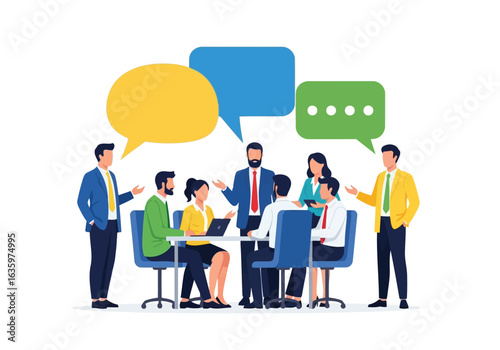 Vector art of business professionals engaged in a lively discussion during a meeting, with colorful speech bubbles symbolizing communication and ideas, isolated on white background