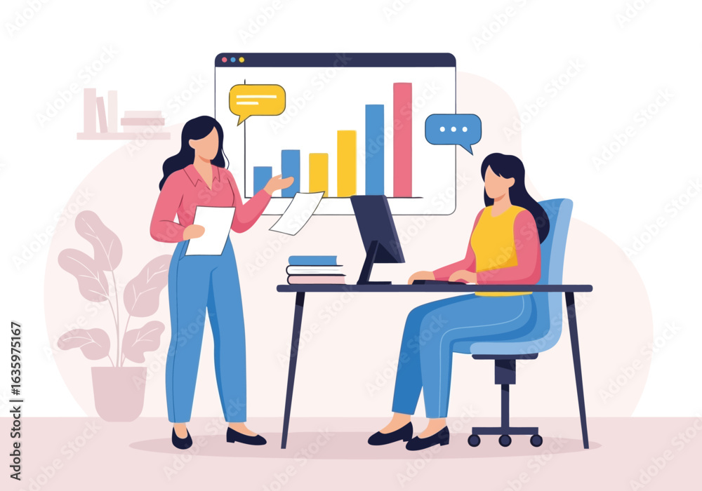 Vector art of two women collaborating in an office setting, analyzing data and charts on a computer screen, discussing business strategy and project management for growth and success Vector art of two women collaborating in an office setting, analyzing data and charts on a computer screen, discussing business strategy and project management for growth and success