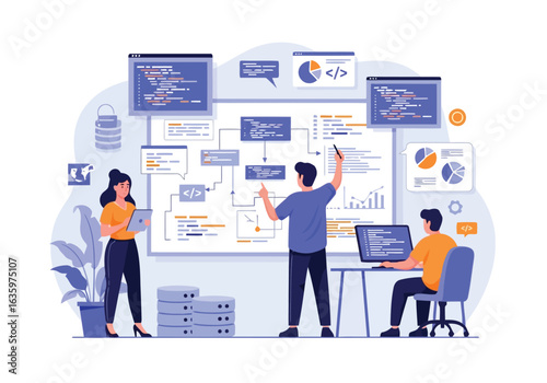 Vector art of team of programmers collaborating on a software development project, planning and analyzing data on a large whiteboard with charts and code