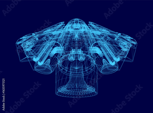 A sleek 3D wireframe spaceship model floats against a vibrant blue background, showcasing intricate structural details. The futuristic design features smooth curves and angular edges.