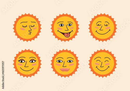 Wallpaper Mural Vector set of six flat cartoon suns with unique, funny and cute facial expressive faces. Perfect for summer themes, kids projects, stickers, posters, games, prints, decorative vector illustrations. Torontodigital.ca