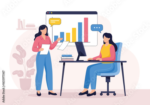 Vector art of two women collaborating in an office setting, analyzing data and charts on a computer screen, discussing business strategy and project management for growth and success