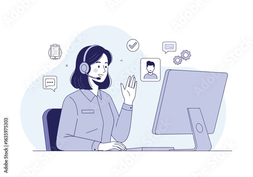 Vector art of customer service operator wearing a headset and waving hello while working on a computer, representing online support and communication