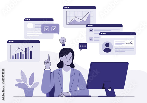 Vector art of businesswoman thinking of an idea while working on her computer, surrounded by charts and data, symbolizing strategy, planning, and analysis