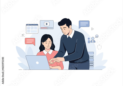 Vector art of teacher guiding a student on a laptop, symbolizing education, learning, and collaborative skill development in a digital environment