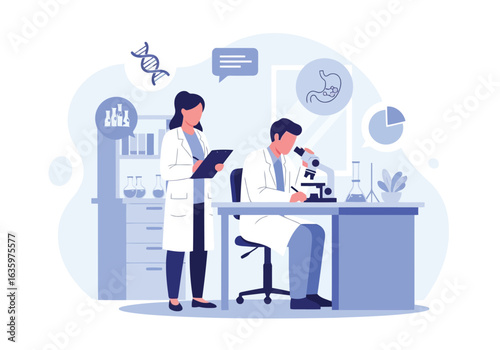 Vector art of two scientists in a modern laboratory conducting research with a microscope and digital tablet, symbolizing scientific discovery and medical advancement