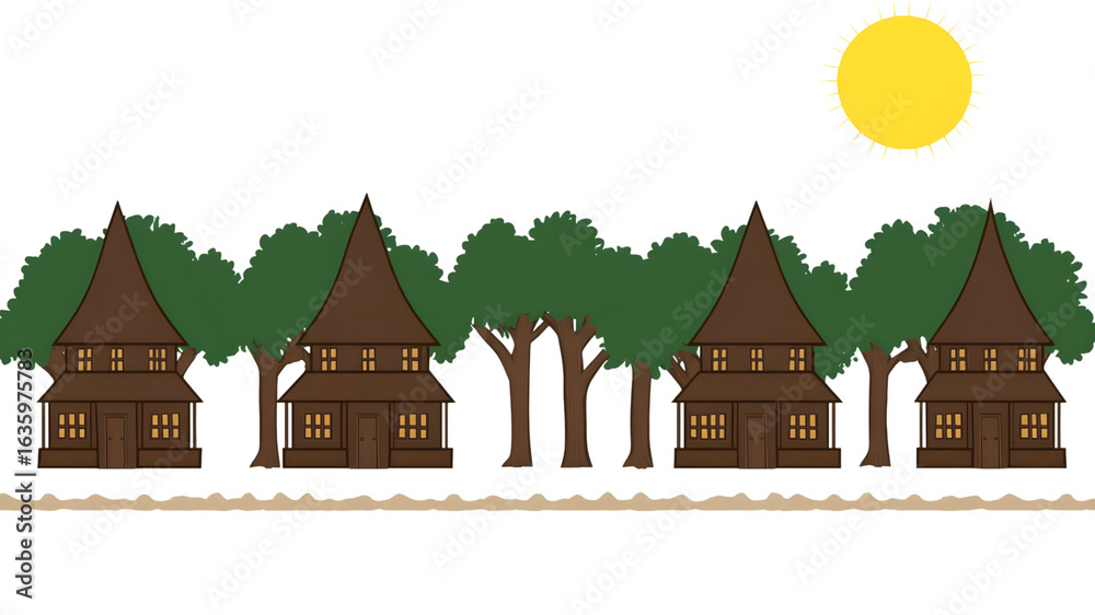 Fototapeta premium Scenic village houses amidst lush trees under bright sunlight digital illustration