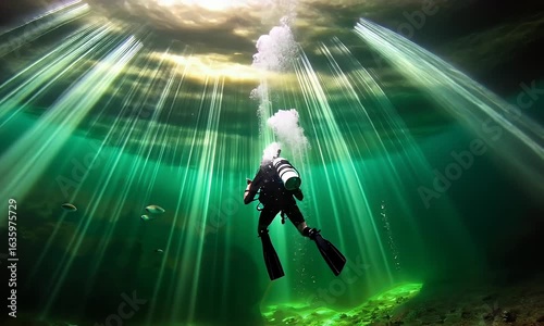 Wallpaper Mural Scuba diver swimming underwater with sunlight rays streaming from surface. Marine adventure concept Torontodigital.ca
