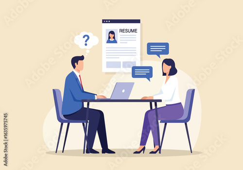Vector art of job interview with a candidate and recruiter discussing resume and qualifications, with speech bubbles and question mark