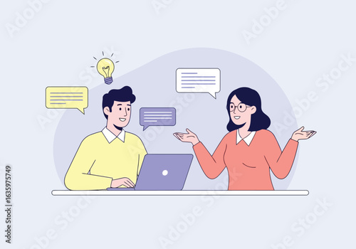 Vector art of two colleagues collaborating on a project, discussing ideas with a laptop and lightbulb symbolizing innovation and teamwork