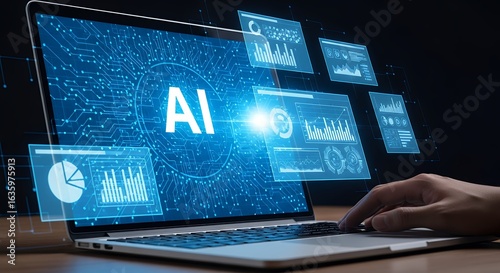 Artificial Intelligence Technology on Laptop Screen with Data Charts and Graphs for Business Analysis and Future Innovation Concepts