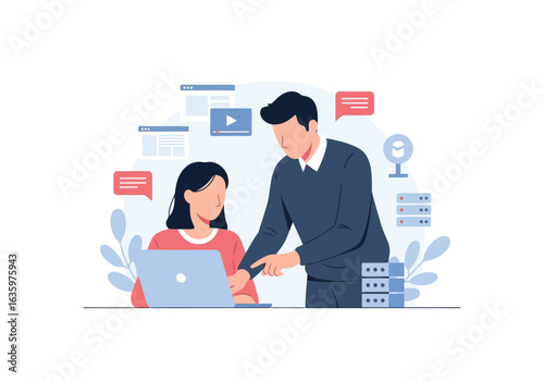 Vector art of a mentor guiding a student or employee on a laptop, with icons representing technology, data, and learning in a business setting
