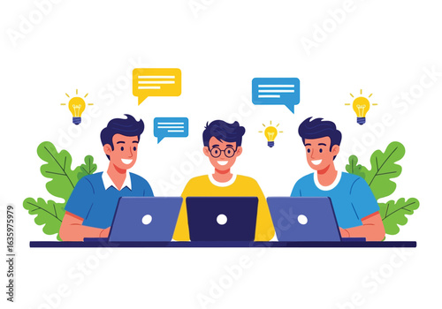 Vector art of three smiling people collaborating on laptops, symbolizing teamwork, communication, and idea generation in a modern work or learning environment, isolated on white background