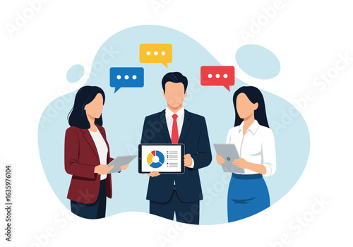 Vector art of business professionals engaged in a meeting, discussing data and strategy with charts on a tablet, emphasizing teamwork and effective communication through speech bubbles