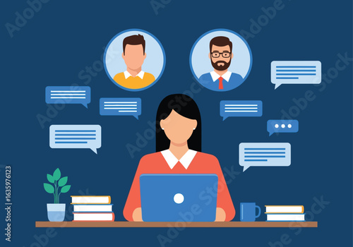 Vector art of woman working on a laptop in an online meeting, communicating with colleagues via chat and video call, discussing data and strategy, highlighting remote work and digital collaboration