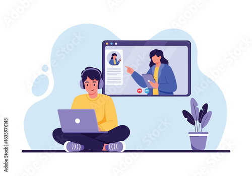 Vector art of online learning and education concept with a student attending a virtual conference or meeting via laptop and headset, interacting with a teacher on screen, vector illustration