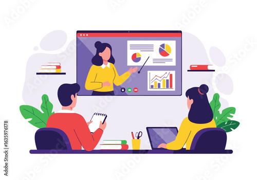 Vector art of online learning and education, with a teacher presenting on a computer screen to students attending remotely, featuring charts and books