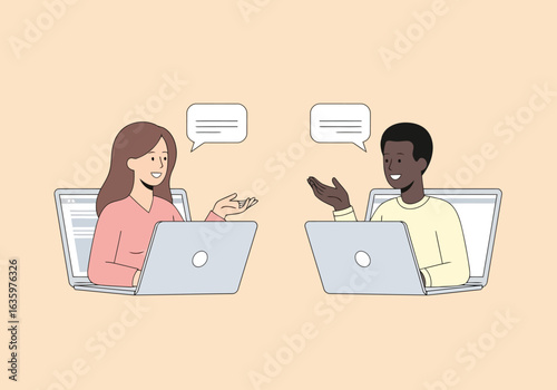 Vector art of diverse people communicating online via laptops, engaging in virtual discussion and collaboration, representing modern remote work and digital connection