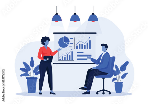 Vector art of business professionals collaborating on a presentation with charts and graphs, discussing strategy and planning for financial growth and success in a modern office setting