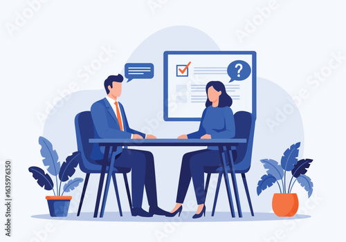 Vector art of a job interview scenario with a man and woman sitting at a table, discussing a checklist and question mark, representing the recruitment and selection process
