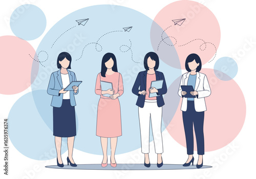 Vector art of a diverse group of professional women collaborating and working together in a business setting, symbolizing teamwork, success, and career advancement