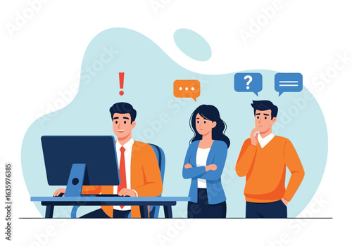 Vector art of business team in an office setting, with one person working on a computer and others discussing a problem, seeking solutions and ideas through collaboration