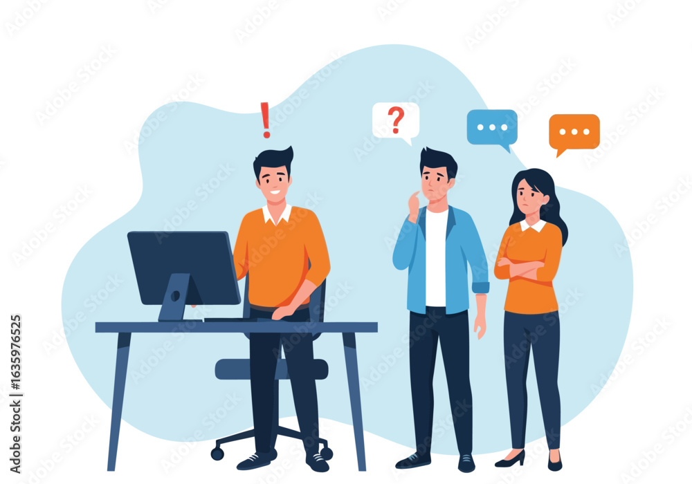 Vector art of team collaborating and discussing ideas around a computer in an office setting, with chat bubbles indicating communication and questions Vector art of team collaborating and discussing ideas around a computer in an office setting, with chat bubbles indicating communication and questions