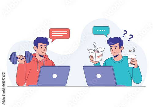 Vector art of man working on laptop while exercising with dumbbell on one side and drinking coffee on the other, illustrating worklife balance and healthy lifestyle choices
