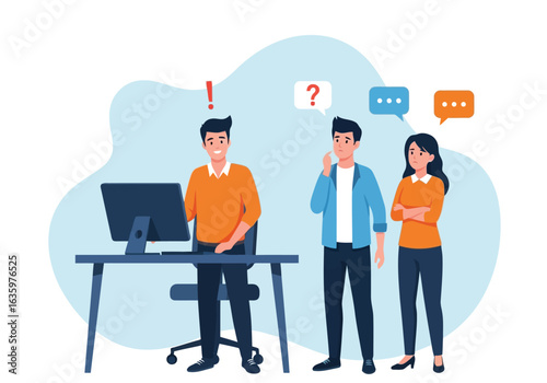 Vector art of team collaborating and discussing ideas around a computer in an office setting, with chat bubbles indicating communication and questions